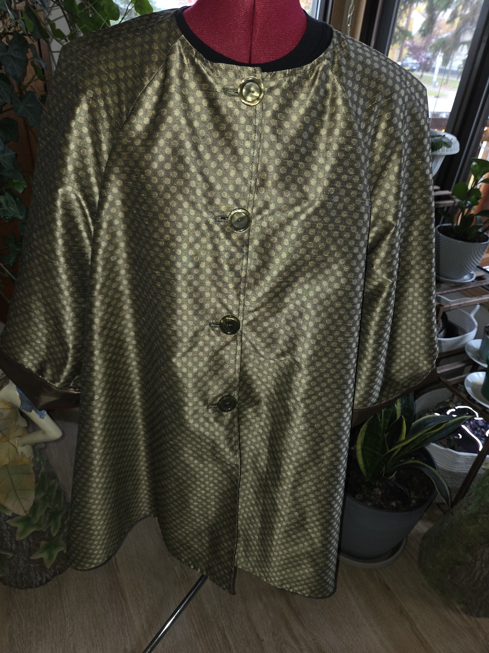 Satin Olive Green Button-Front Cape Coat